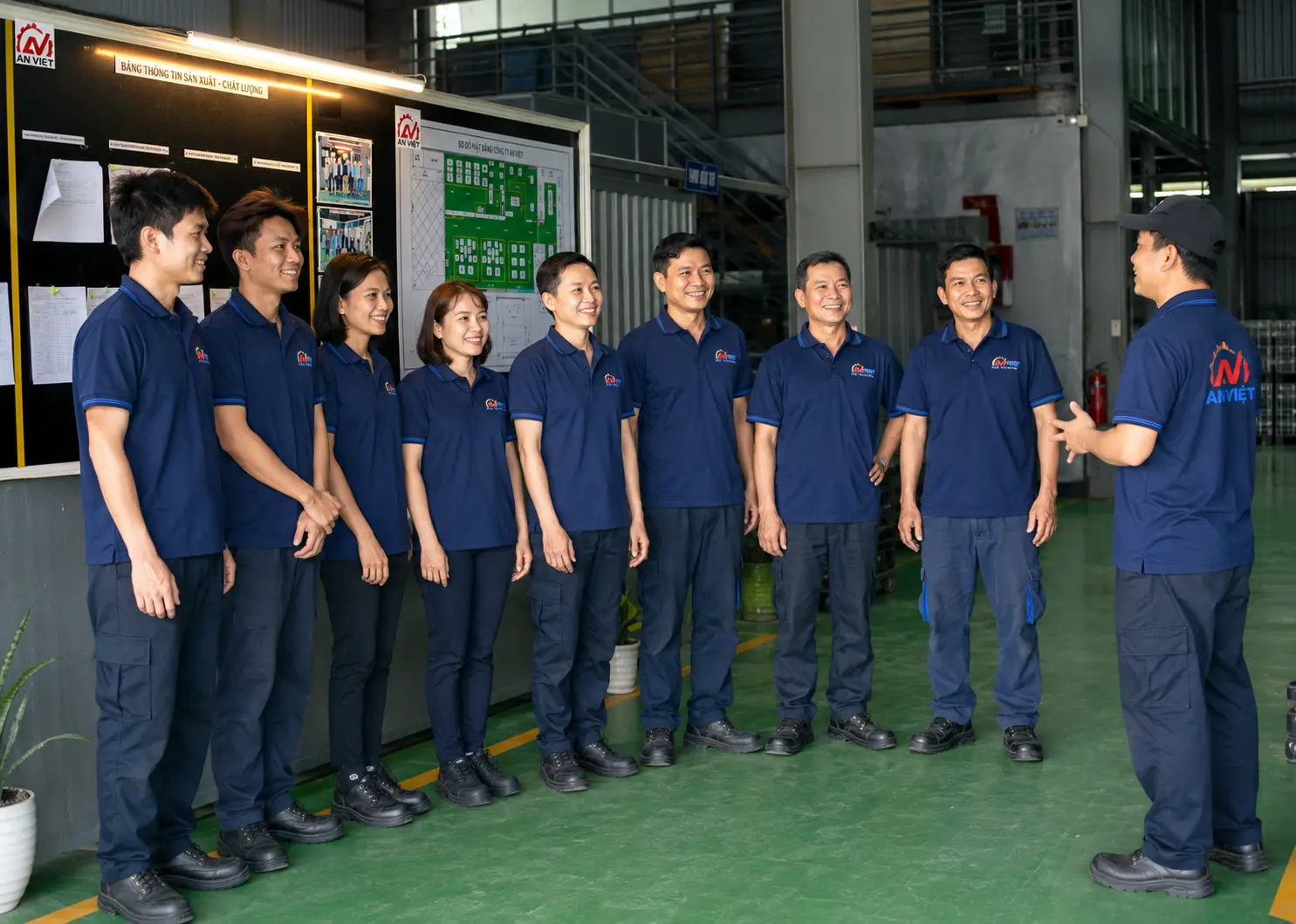 工場で制服を着用したAn Vietチーム
