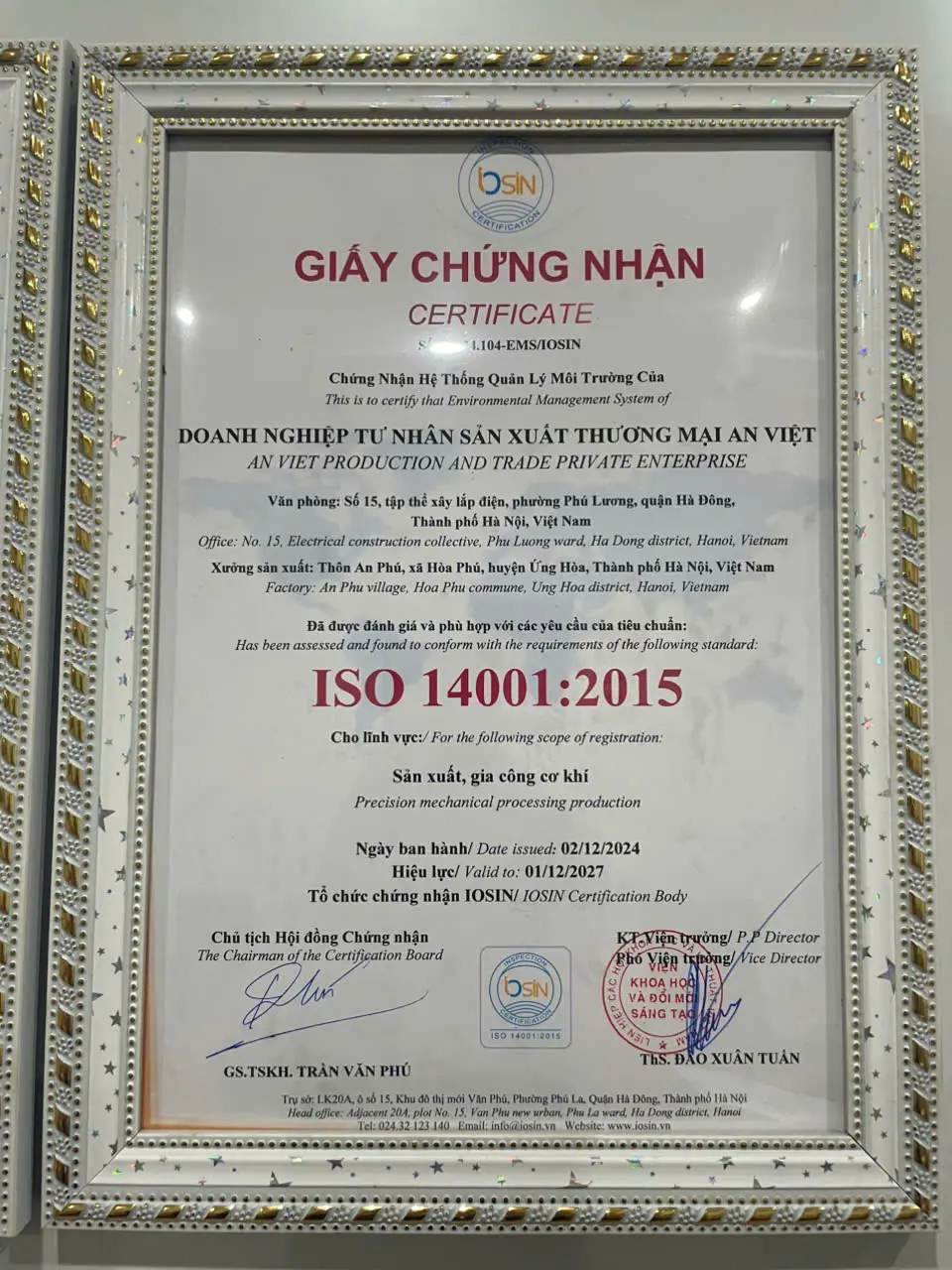 Giấy chứng nhận Hệ thống quản lý môi trường ISO 14001:2015 của An Việt