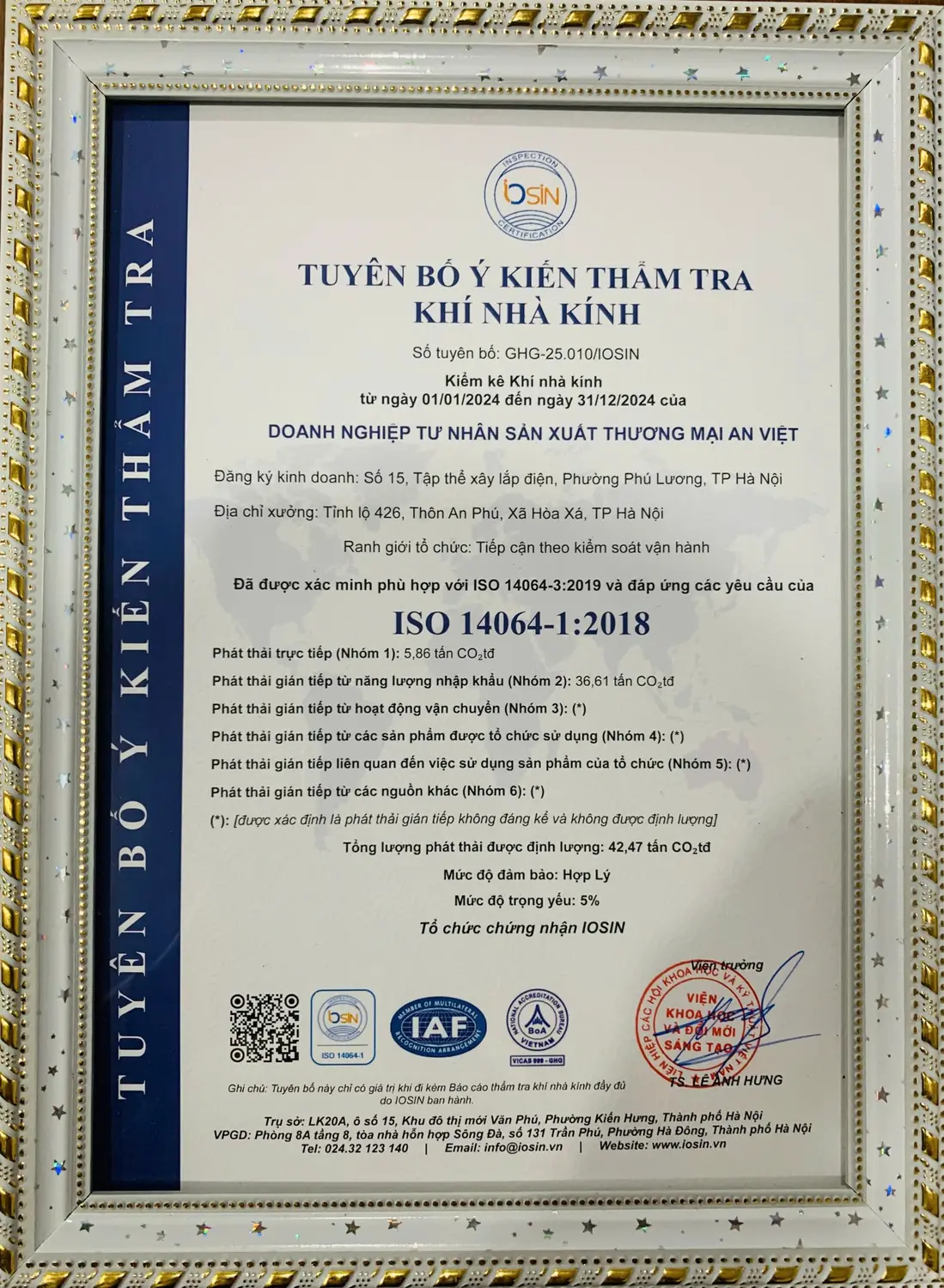 Tuyên bố ý kiến thẩm tra khí nhà kính ISO 14064-1:2018 của An Việt