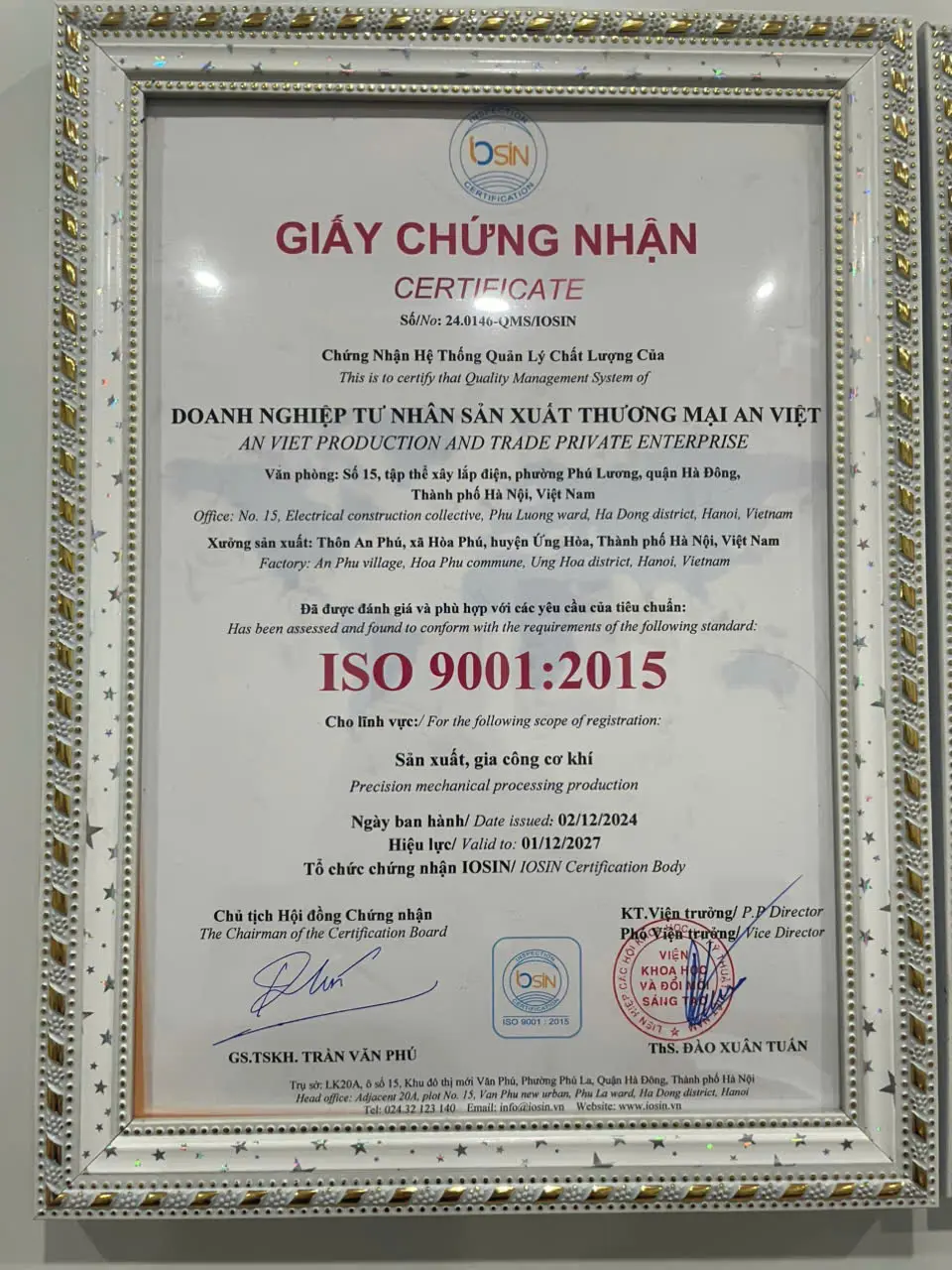 Giấy chứng nhận Hệ thống quản lý chất lượng ISO 9001:2015 của An Việt